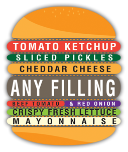 The Classic Burger — any filling, tomato ketchup, sliced pickles, cheddar cheese